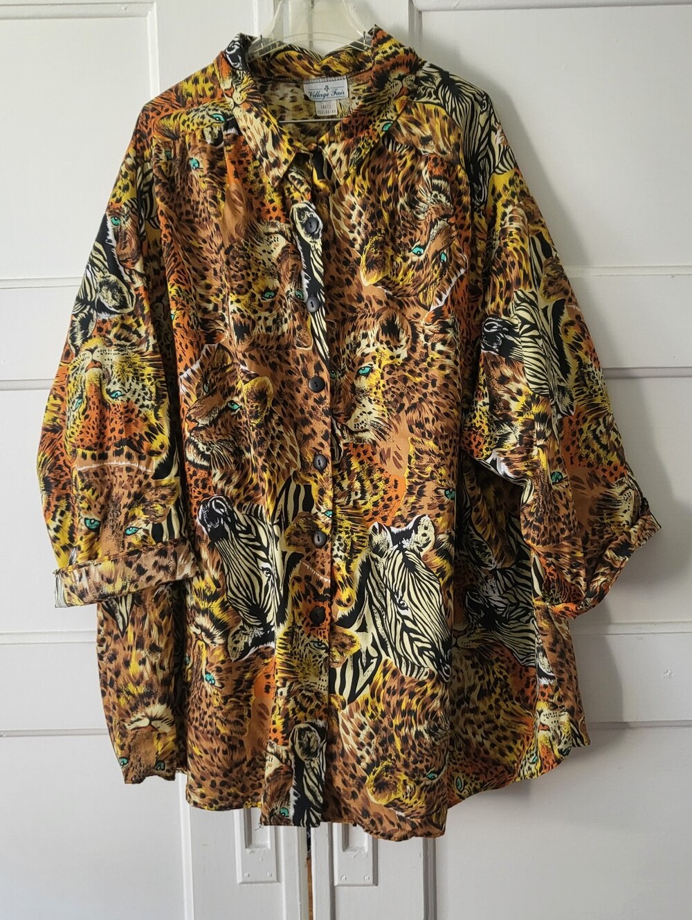 VINTAGE Village Fair Cheetah Leopard Zebra Jungle Print Button Down Shirt 3XL